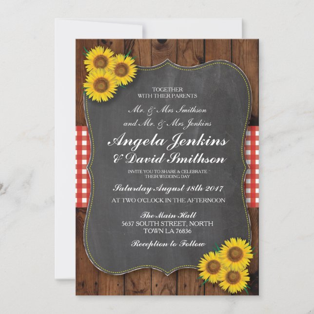 Mariage rouge Rustic Tournesol Invitation Chalk (Devant)