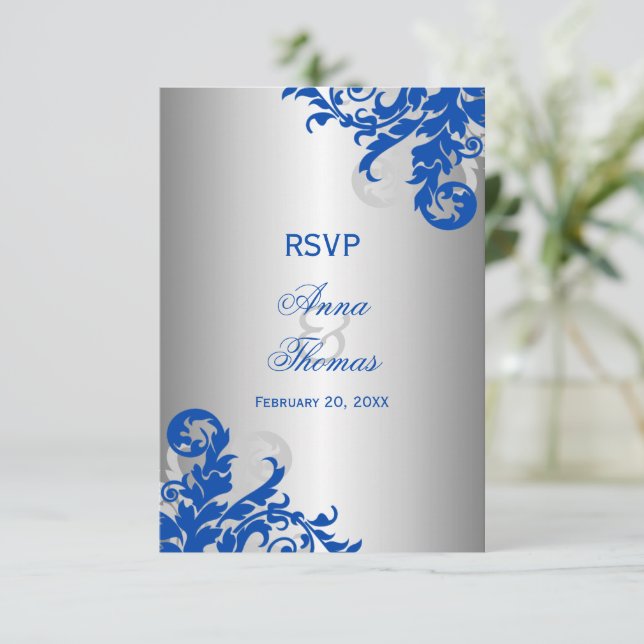 Mariage Royal Bleu et Argent Flourish RSVP (Debout devant)
