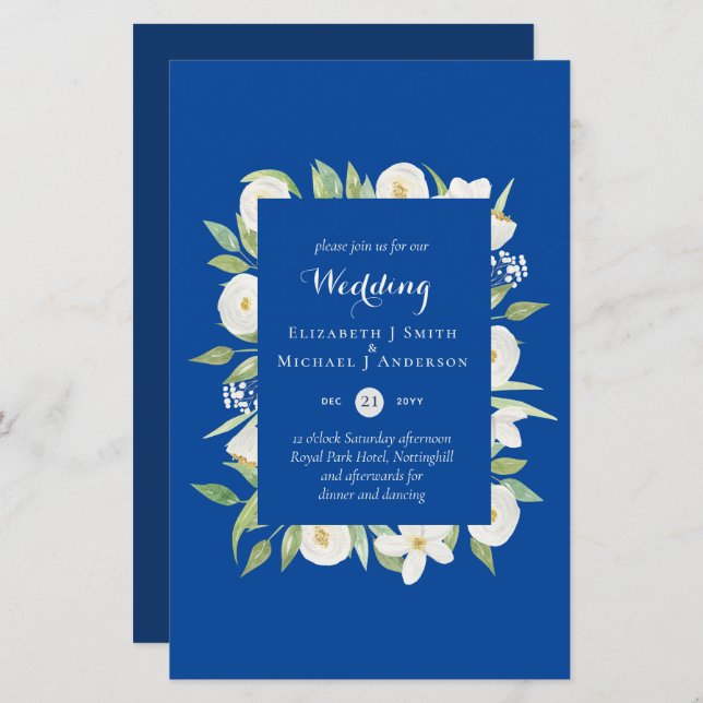 Mariage Royal Blue Floral Budget Inviter A9 (Devant / Derrière)
