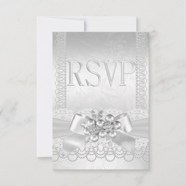 Mariage RSVP Blanc Argent Perle Dentelle Damas (Devant)