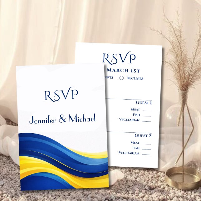 Mariage RSVP Bleu Cobalt et Jaune Citron  (Cobalt Blue and Lemon Yellow RSVP Wedding Card with Meal Options)