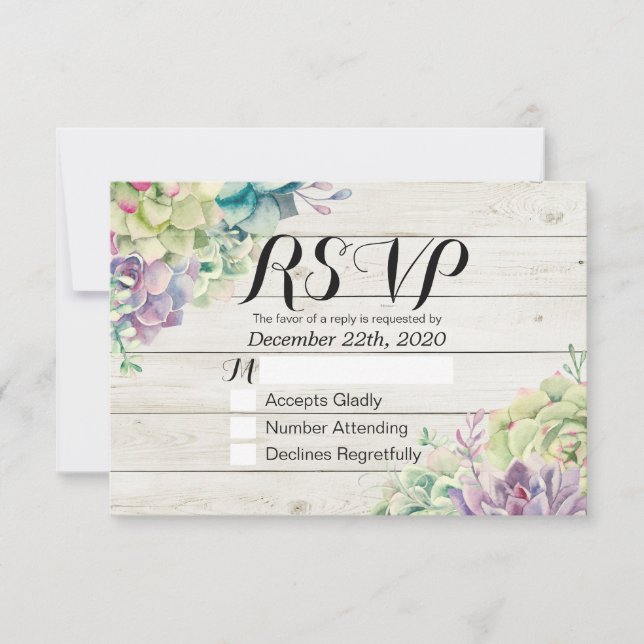 Mariage RSVP Chic Aquarelle Succulent Bois rustiqu (Devant)