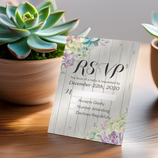 Mariage RSVP Chic Aquarelle Succulent Bois rustiqu (Créateur téléchargé)