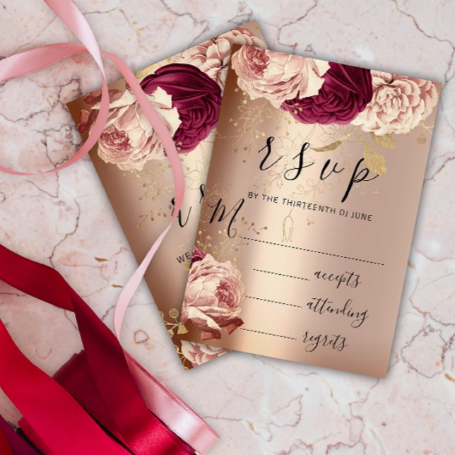 Mariage RSVP Marsala Florals Rose rose (RSVP Wedding Marsala Florals Roses Pink)