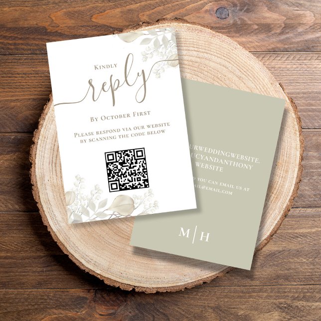 Mariage RSVP QR Code Elégant Sage Green (Simple Wedding reply card with a sage green background and QR code template.)
