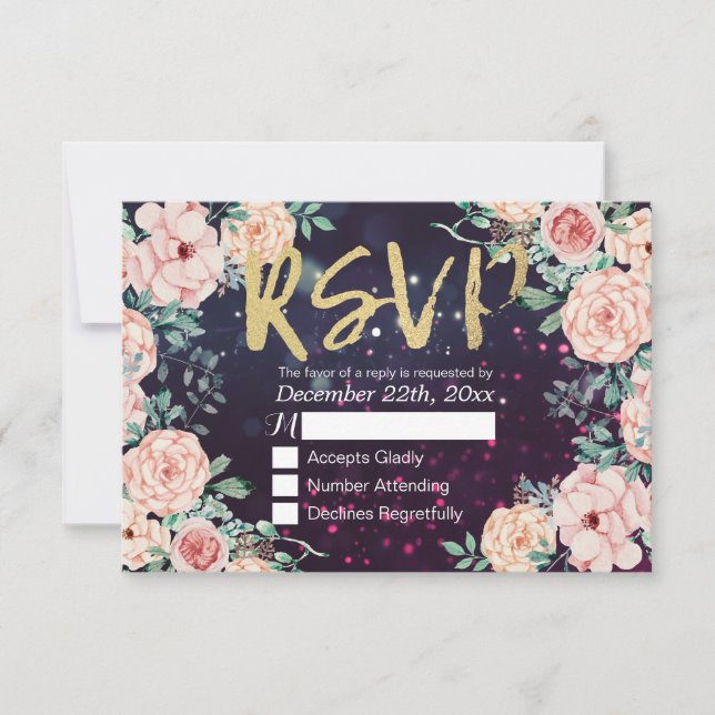 Mariage RSVP Répondre Chic Floral Purple Gold Scri (Devant)