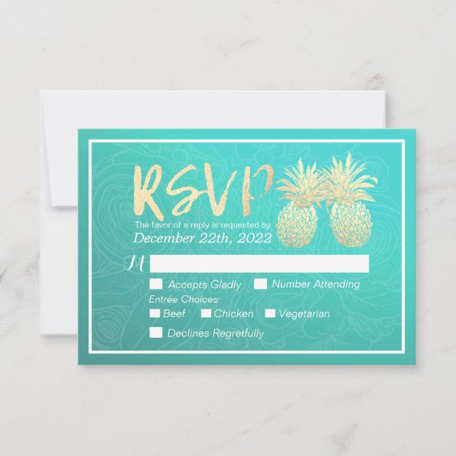Mariage RSVP répondre Gold Ananas Couple Rose Turq (Devant)