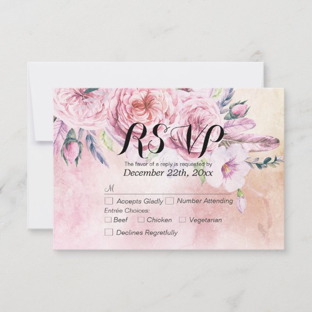 Mariage RSVP Réponse Aquarelle Boho Floral Feather (Devant)