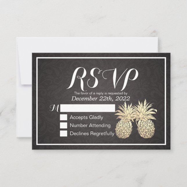 Mariage RSVP Réponse Black Gold Pineapple Couple (Devant)