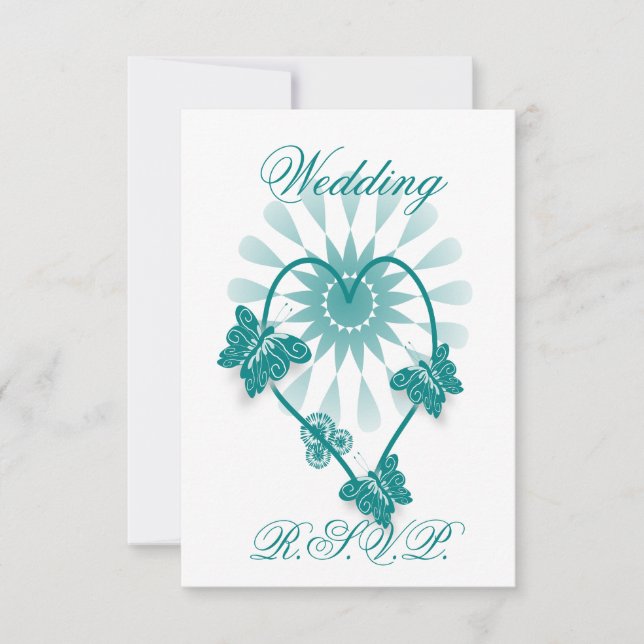 Mariage RSVP Turquoise Papillons de couleur Coeur (Devant)