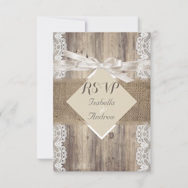 Mariage Rustique Beige Blanc Dentelle Bois RSVP (Devant)