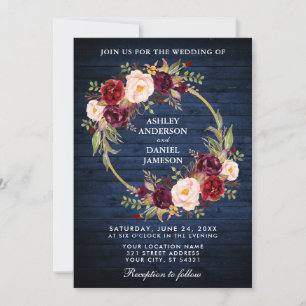 Mariage rustique Bleu Bois Bourgogne Invitation de