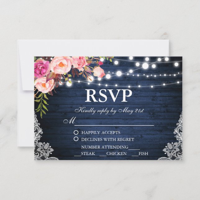 Mariage rustique Bleu Bois Floral Dentelle RSVP av (Devant)