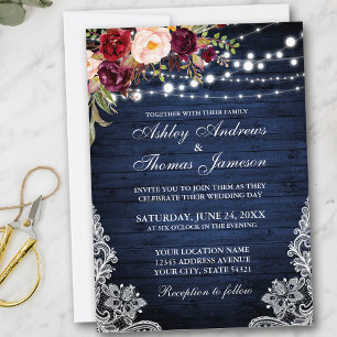 Mariage rustique Bleu Lumières dentelle Invitation