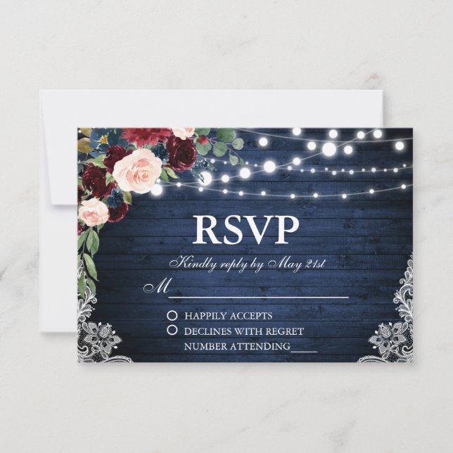 Mariage rustique Bois bleu Bourgogne Floral RSVP (Devant)