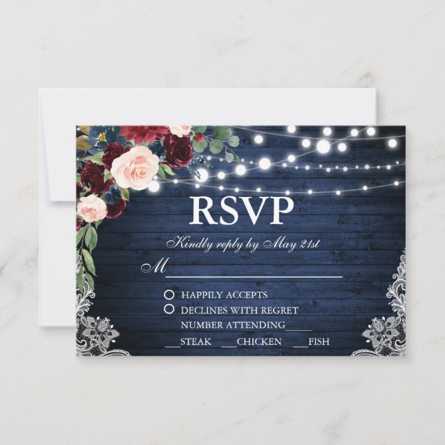 Mariage rustique Bois bleu Bourgogne Floral RSVP R (Devant)