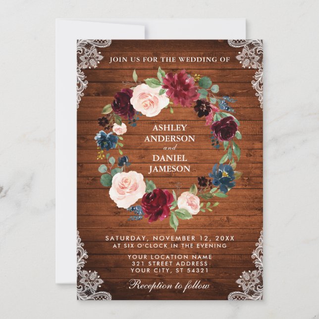 Mariage rustique Bois Floral Invitation dentelle d (Devant)