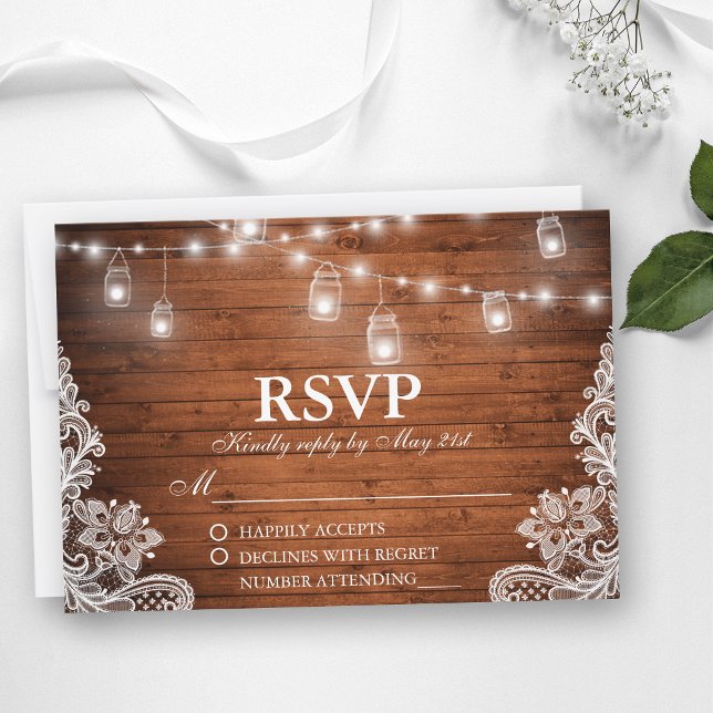 Mariage rustique Bois Jar Éclairage dentelle RSVP (Customize to change text size, text style or to add more text to back of card.)