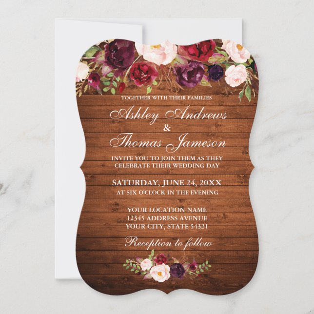 Mariage rustique Bourgogne Floral Invitation B (Devant)