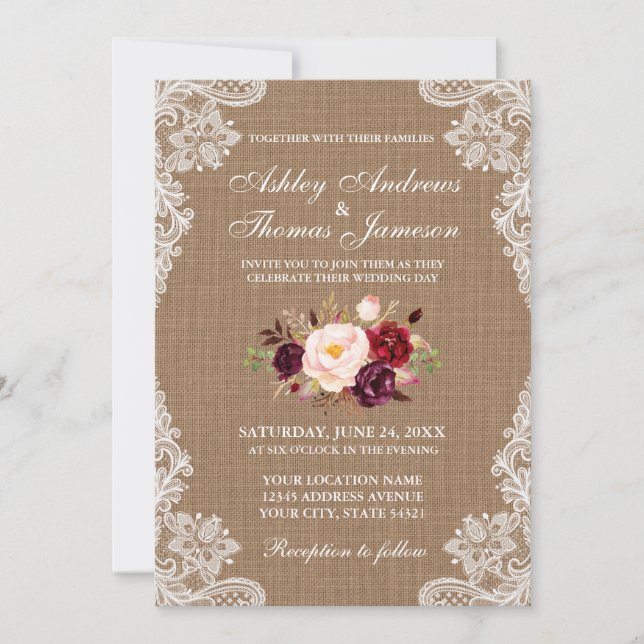 Mariage rustique Burlap Dentelle Invitation floral (Devant)