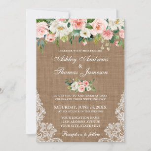 Mariage rustique Burlap Dentelle rose Invitation f