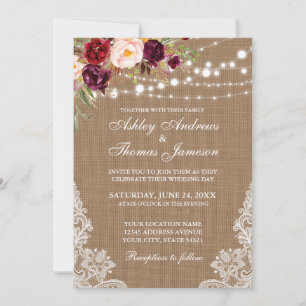 Mariage rustique Burlap Lights dentelle Invitation