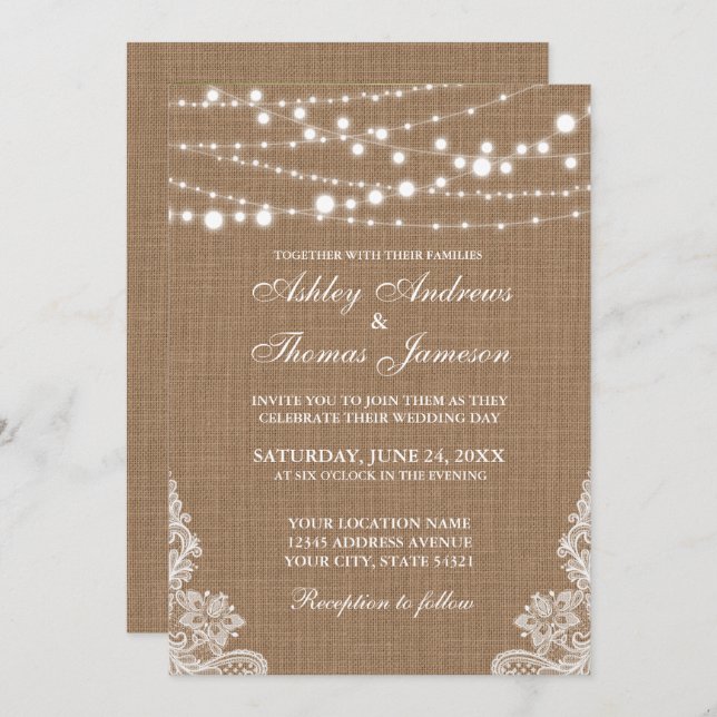 Mariage Rustique Burlap String Lights Invitation d (Devant / Derrière)