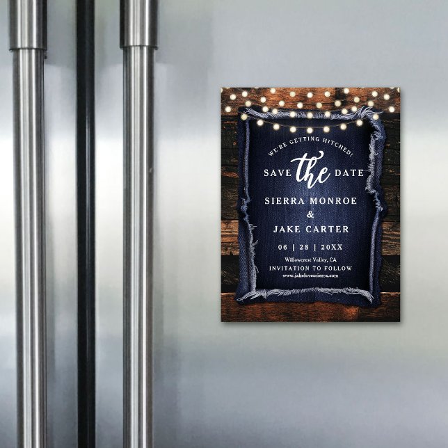 Mariage rustique Enregistrer Date Bois Denim Photo (rustic wedding save the date magnet barn wood slice grain denim ranch country western casual chic)