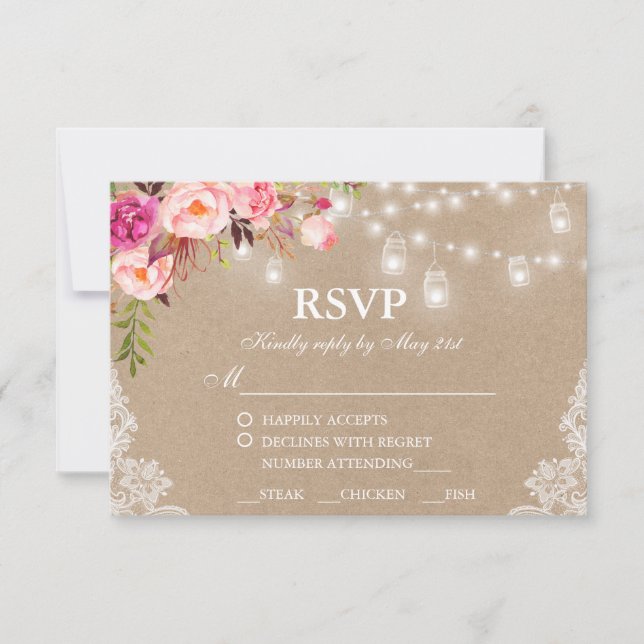 Mariage rustique Kraft Rose Lumières Florales RSVP (Devant)