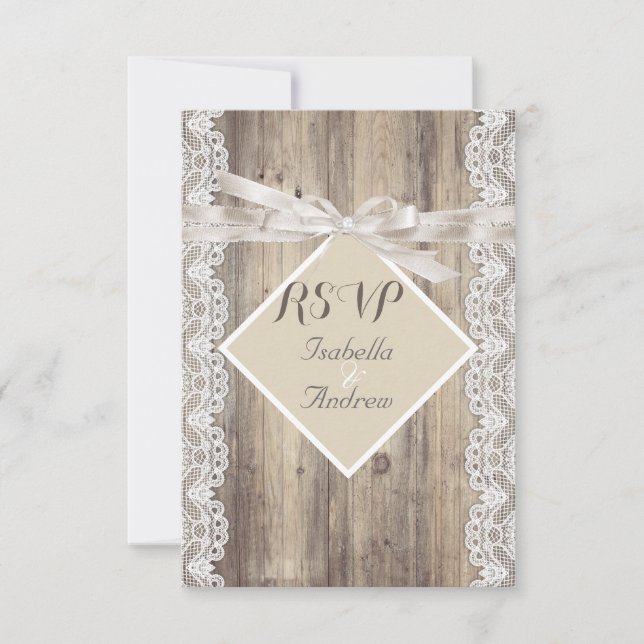 Mariage Rustique RSVP Beige Blanc Dentelle Bois (Devant)