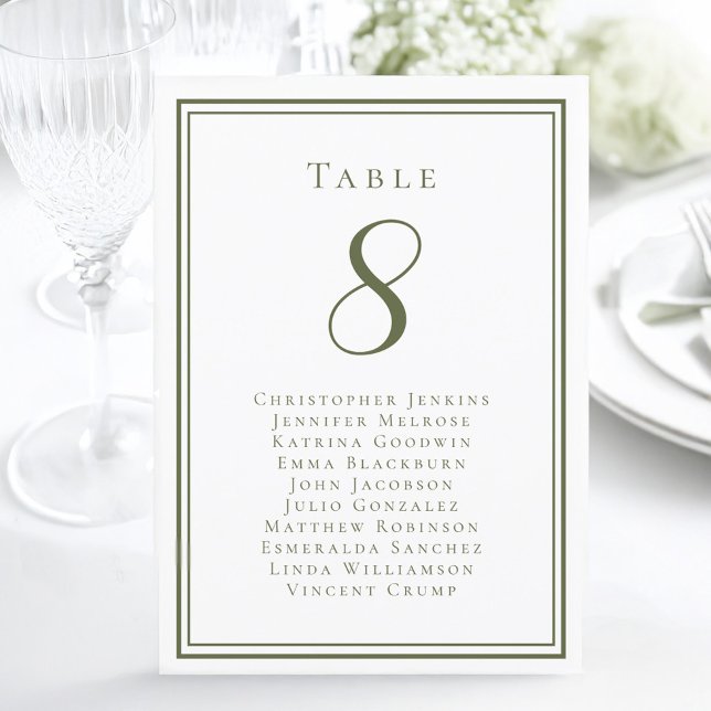 Mariage Sièges Invité Numéro de table Olive Green (Wedding Seating Guest Table Number Olive Green Card)