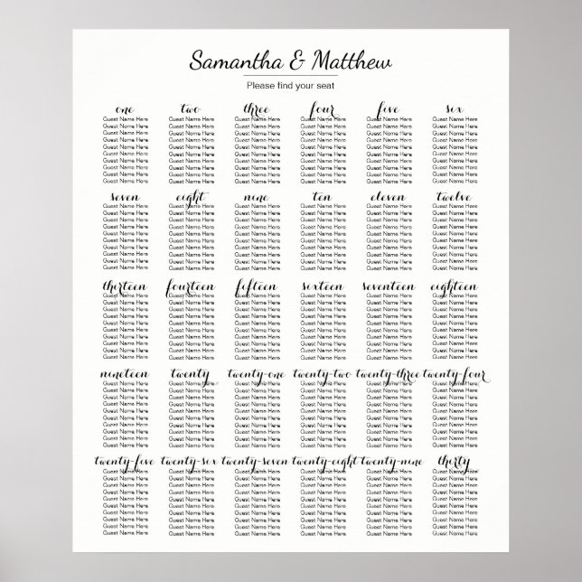 Mariage simple et chic - 30 tables | Tableau de si (Devant)