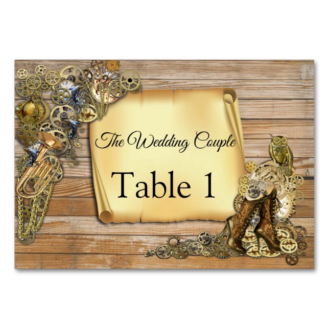 Mariage Steampunk sur cartes de table en bois (Devant)