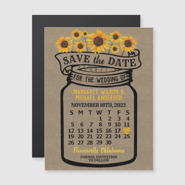 Mariage Sunflowers Jar novembre 2023 Date Magnet (Devant / Derrière)