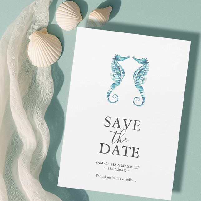 Mariage sur la plage Magnet Réservez la date (Beach wedding looks watercolor seahorse art by Victoria Grigaliunas of Do Tell A Belle)