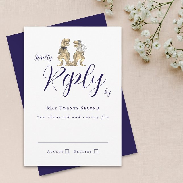 Mariage sur le thème des dinosaures Réponse Bleu m (Dinosaur theme wedding navy blue & white invitation RSVP card T-Rex bride & groom elegant script)
