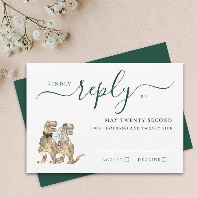 Mariage sur le thème des dinosaures Réponse Vert f (Dinosaur theme dark green wedding invitation RSVP card Elegant script fun T-Rex dino bride and groom)