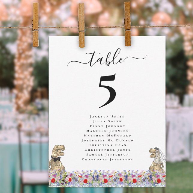 Mariage sur mesure de dinosaures mariés et femmes (Dinosaur bride and groom custom wedding place seating chart Colorful wildflower meadow florals)