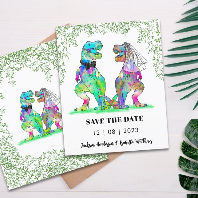 Mariage Thème Dinosaure Budget Enregistrer la Date (Dinosaur themed wedding save the date budget invitation T-Rex bride & groom Jurassic jungle foliage)