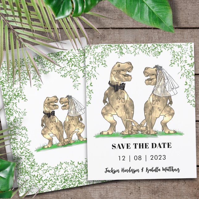 Mariage Thème Dinosaure Enregistrez la Date (Dinosaur wedding save the date budget invitation T-Rex bride and groom Jurassic jungle foliage)
