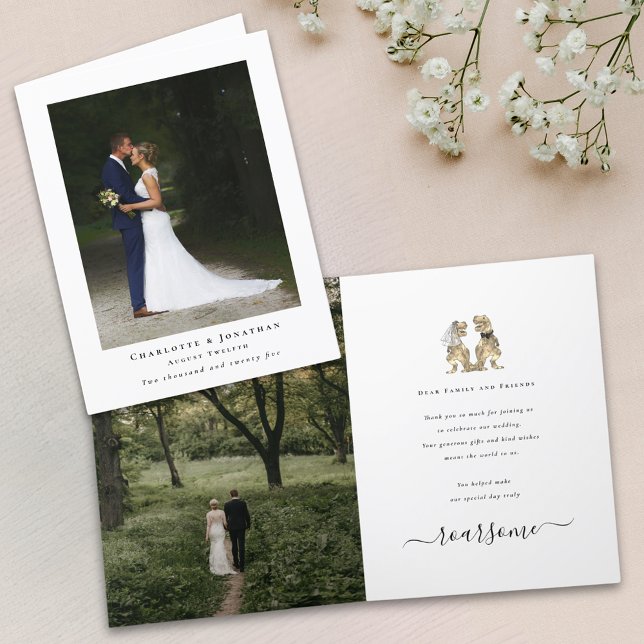 Mariage Thème Dinosaure Photo Merci (2 photo Dinosaur theme wedding thank you card T-Rex dino bride and groom personalized message)