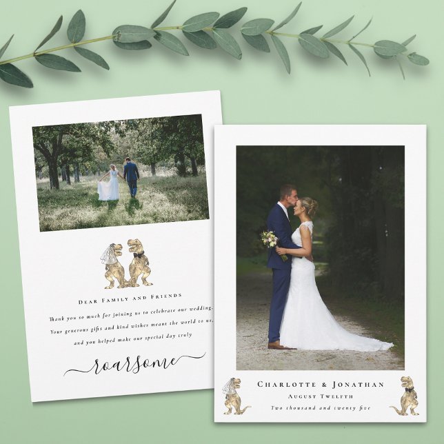 Mariage Thème Dinosaure Photo Merci (Dinosaur wedding photo thank you card 2 photograph Funny T-Rex bride and groom elegant modern script)