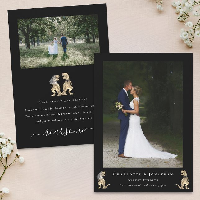 Mariage Thème Dinosaure Photo Merci Noir (Dinosaur theme 2 photo thank you black and white modern elegant flat card funny T-Rex dino couple)