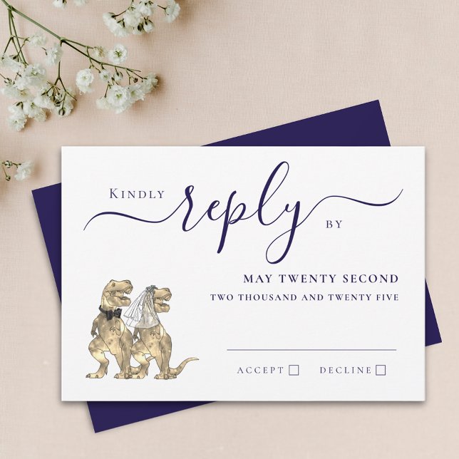 Mariage Thème Dinosaure Réponse Bleu Marine Blanc (Dinosaur theme wedding navy blue & white RSVP invitation Card T-Rex dino bride & groom elegant )