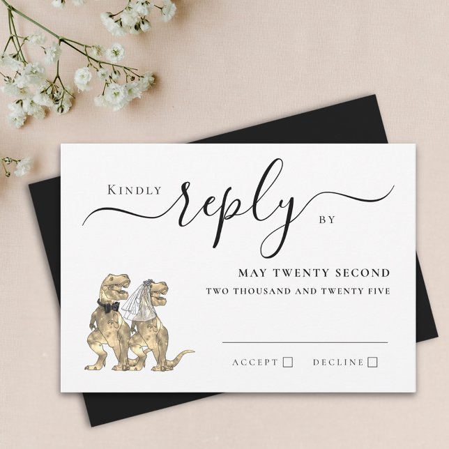 Mariage Thème Dinosaure Réponse Noir et Blanc (Dinosaur theme wedding black and white invitation RSVP card T-Rex dino bride & groom elegant script)