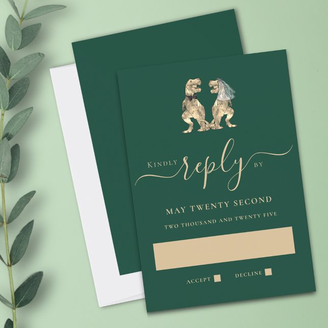 Mariage Thème Dinosaure Réponse Verte (Dinosaur theme wedding RSVP dark green card Funny T-Rex dino bride and groom modern elegant script)