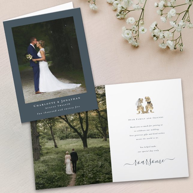 Mariage Thème Dinosaures Merci Photo Moderne (Modern 2 photo dinosaur wedding thank you charcoal gray card elegant script portrait landscape photo)