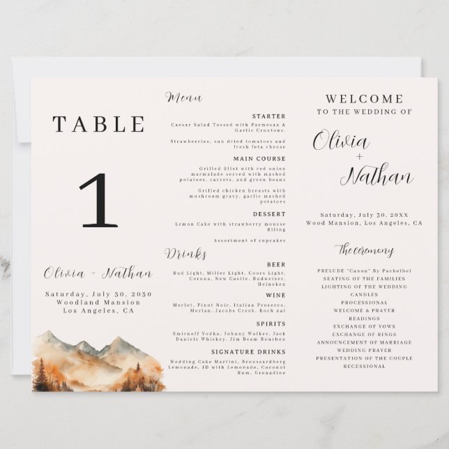 Mariage Tri-Fold Automne Mountain Numéro de table (Devant)