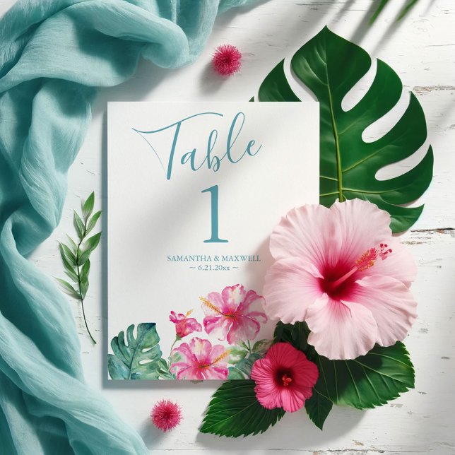 Mariage tropical floral Numéro de table (Destination weddings table number tropical pink hibiscus flower watercolor art Victoria Grigaliunas)