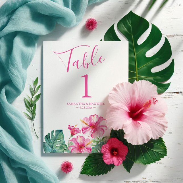Mariage tropical floral Numéro de table (Destination weddings tropical pink watercolor hibiscus flowers and palm leaf artVictoria Grigaliunas)